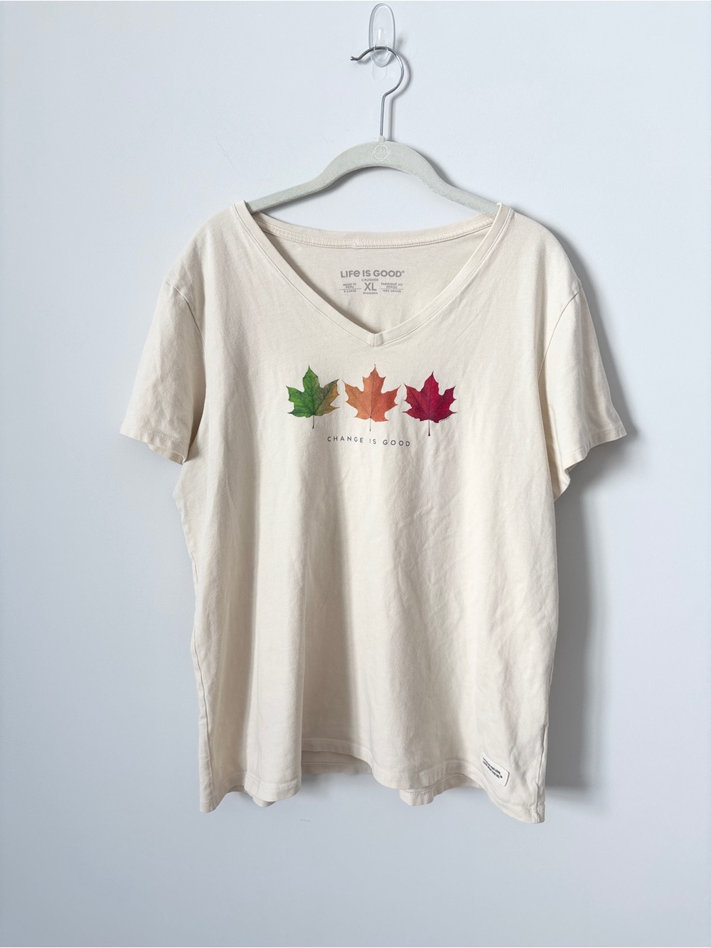 Women’s Life Is Good Cream V-Neck T Shirt with Fall Leaves